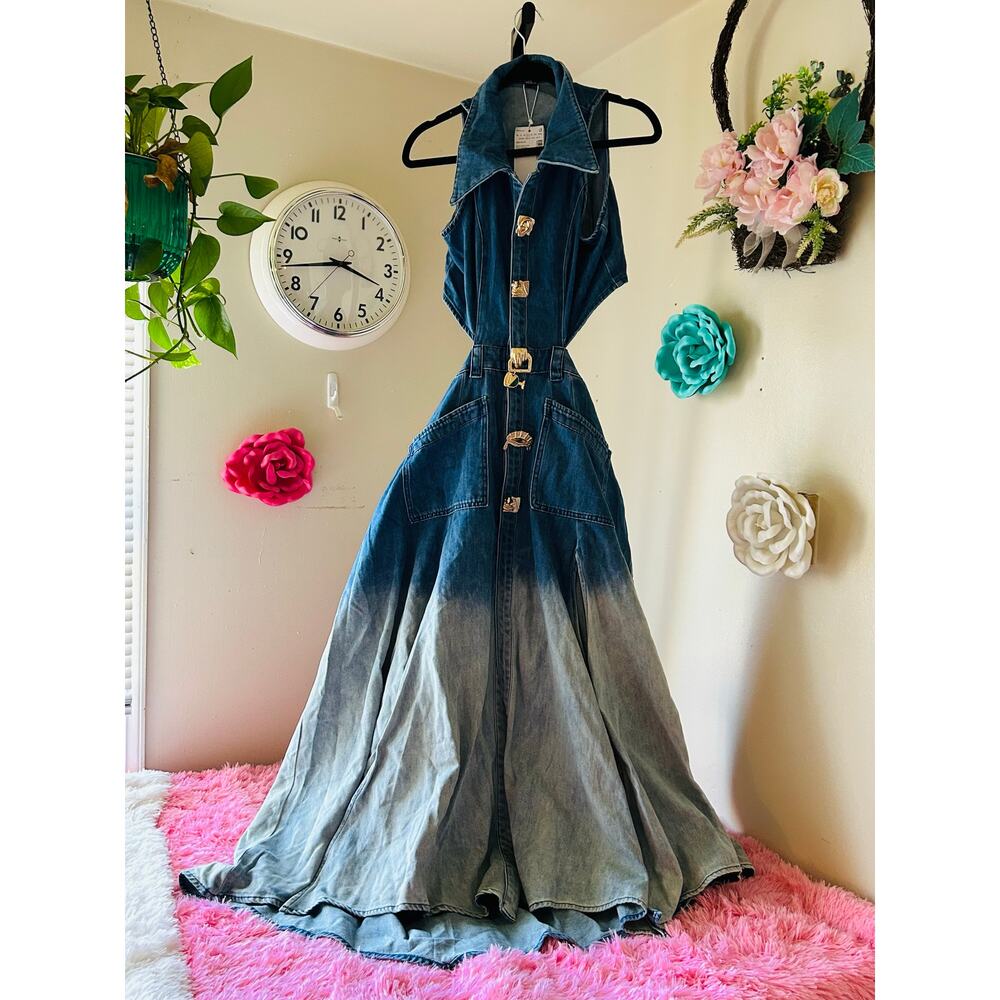 Ombre Halter Denim Maxi Dress in Blue and Gray - Picture 3 of 7
